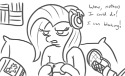 Size: 649x396 | Tagged: safe, artist:jargon scott, fluttershy, pegasus, pony, g4, darksydephil, double chin, dspgaming, female, headphones, mare, microphone, monochrome, ponified