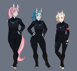 Size: 3584x3300 | Tagged: safe, artist:askbubblelee, oc, oc only, oc:bubble lee, oc:cross stitch, oc:rosie quartz, unicorn, anthro, unguligrade anthro, alternate universe, anthro oc, clothes, colored sketch, female, freckles, hand on hip, hands on waist, high res, mare, royal guard, serious, serious face, simple background, standing, trio, trio female, uniform, willowverse