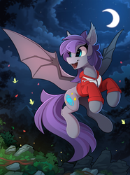 Size: 1760x2370 | Tagged: safe, artist:yakovlev-vad, oc, oc only, oc:andromeda galaktika, bat pony, pony, bat ears, bat pony oc, bat wings, clothes, crescent moon, cute, cute little fangs, eyebrows, eyebrows visible through hair, fangs, female, flying, high res, hoodie, mare, moon, night, night sky, open mouth, open smile, outdoors, sky, slender, smiling, solo, spread wings, thin, wings
