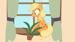 Size: 1334x750 | Tagged: safe, artist:forgalorga, applejack, earth pony, pony, g4, behaving like a cat, curtains, female, potted plant, pure unfiltered evil, sitting, solo, vandaljack, window, your little cat 2