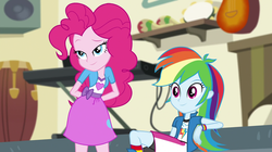 Size: 1912x1072 | Tagged: safe, screencap, pinkie pie, rainbow dash, equestria girls, equestria girls specials, g4, my little pony equestria girls: dance magic, bracelet, clothes, collar, cute, dashabetes, duo, duo female, female, hands behind back, jewelry, lidded eyes, shirt, sitting, skirt, smiling, t-shirt, teenager, vest, wristband