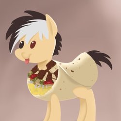 Size: 400x400 | Tagged: safe, artist:siberwar, oc, oc only, earth pony, pony, :p, burrito, clothes, earth pony oc, food, gradient background, heterochromia, lineless, male, scarf, solo, stallion, tongue out
