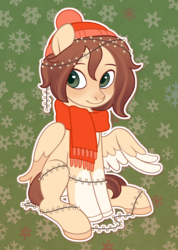 Size: 2064x2906 | Tagged: safe, artist:furuwaru, pegasus, pony, blushing, clothes, colored hooves, cute, female, garland, hat, high res, mare, scarf, snow, snowflake, toque