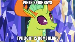 Size: 887x500 | Tagged: safe, edit, edited screencap, screencap, thorax, twilight sparkle, changedling, changeling, g4, triple threat, antlers, caption, female, image macro, implied twilight sparkle, implied twirax, king thorax, male, meme, shipping, smiling, straight, text, this will end in pregnancy, twirax