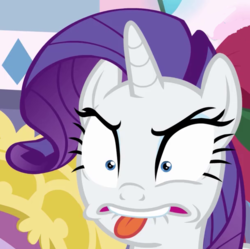 Size: 607x604 | Tagged: safe, screencap, rarity, pony, unicorn, g4, hearth's warming shorts, mystery voice, annoyed, biting, cropped, disgusted, female, funny face, mare, solo, tongue bite, tongue out