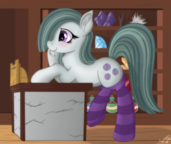 Size: 4117x3481 | Tagged: safe, artist:sethisto, marble pie, earth pony, pony, g4, blushing, cash register, chest fluff, clothes, cute, dead space, ear fluff, female, high res, marblebetes, mare, marker (dead space), mineral, potions, raised leg, rock, shop, smiling, socks, solo, striped socks, thigh highs