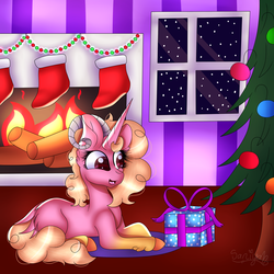 Size: 3000x3000 | Tagged: safe, artist:tomboygirl45, oc, oc only, pony, unicorn, christmas, christmas tree, female, fireplace, high res, holiday, horns, mare, present, prone, solo, tree, window