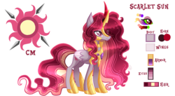 Size: 1700x930 | Tagged: safe, artist:sugaryicecreammlp, oc, oc only, oc:scarlet sun, alicorn, pony, concave belly, female, mare, offspring, parent:king sombra, parent:princess celestia, parents:celestibra, reference sheet, simple background, slender, solo, thin, transparent background
