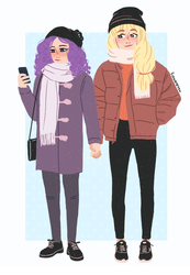 Size: 1136x1638 | Tagged: safe, artist:fioweress, applejack, rarity, human, g4, clothes, coat, cute, female, freckles, hat, holding hands, humanized, jacket, lesbian, phone, scarf, ship:rarijack, shipping, snow