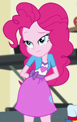 Size: 680x1072 | Tagged: safe, screencap, pinkie pie, rainbow dash, equestria girls, equestria girls specials, g4, my little pony equestria girls: dance magic, arm behind back, clothes, cute, diapinkes, female, hands behind back, offscreen character, shirt, skirt, smiling, smirk, solo, teenager, vest