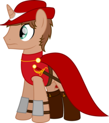 Size: 841x951 | Tagged: safe, artist:peternators, oc, oc only, oc:heroic armour, pony, unicorn, boots, bracer, cape, clothes, hat, male, red mage, shoes, simple background, solo, stallion, sword, transparent background, weapon