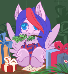 Size: 3371x3648 | Tagged: safe, artist:murusunchu, oc, oc only, oc:myre, pegasus, pony, christmas, clothes, digital art, ear fluff, female, hair over one eye, heart eyes, high res, holiday, hoof fluff, leg fluff, letter, mare, mouth hold, present, scarf, signature, solo, spread wings, wingding eyes, wings, ych result