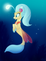 Size: 1269x1692 | Tagged: safe, artist:wildbatpony, princess skystar, seapony (g4), g4, my little pony: the movie, bubble, crepuscular rays, cute, digital art, dorsal fin, female, fin, fin wings, fins, fish tail, flower, flower in hair, flowing mane, flowing tail, freckles, glowing, jewelry, necklace, ocean, open mouth, open smile, pearl necklace, seaweed, smiling, solo, sunlight, tail, underwater, water, wings