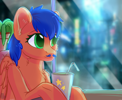 Size: 5500x4500 | Tagged: safe, artist:alphadesu, oc, oc only, oc:griffin, pegasus, pony, abstract background, absurd resolution, bendy straw, blue hair, blue mane, blurry background, cute, digital art, drinking straw, facial hair, green eyes, male, moustache, ocbetes, signature, solo, stallion, straw, ych result