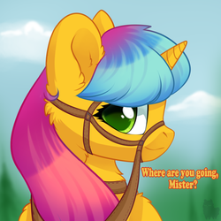 Size: 1000x1000 | Tagged: safe, artist:alphadesu, oc, oc only, oc:evening glow, pony, unicorn, blurry background, bridle, cute, digital art, ear fluff, female, gradient hair, gradient mane, looking at you, mare, ocbetes, rope, smiling, solo, speech, tack, watermark, ych result
