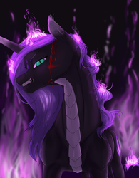 Size: 2442x3132 | Tagged: safe, artist:mymysteriouspony, oc, oc only, oc:mystery (kirin), kirin, blood, female, fire, high res, looking at you, solo