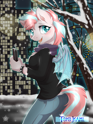 Size: 1200x1600 | Tagged: safe, artist:tokokami, oc, oc only, oc:wild thing, bat pony, anthro, anthro oc, bat pony oc, blushing, cellphone, christmas, city, clothes, female, holiday, jeans, mare, pants, phone, scarf, smartphone, solo, sweater, winter