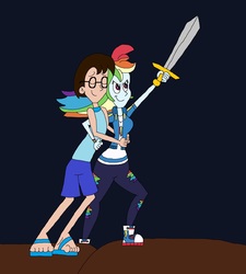 Size: 2233x2481 | Tagged: safe, artist:hunterxcolleen, rainbow dash, oc, oc:stewart gary, human, equestria girls, g4, my little pony equestria girls: better together, converse, high res, hug, humanized, shoes, sword, weapon