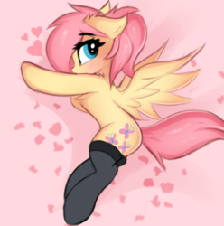 Size: 912x918 | Tagged: safe, artist:twiren, fluttershy, pegasus, pony, g4, blushing, chest fluff, clothes, cute, female, floppy ears, looking back, mare, shyabetes, socks, solo, stockings, thigh highs