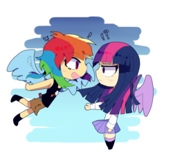 Size: 1500x1400 | Tagged: safe, artist:stuwor-art, rainbow dash, twilight sparkle, human, g4, exclamation point, female, humanized, interrobang, lesbian, question mark, ship:twidash, shipping, simple background, transparent background, winged humanization, wings