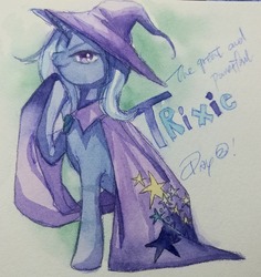 Size: 1280x1354 | Tagged: safe, artist:mbanqiem, trixie, pony, unicorn, g4, cape, clothes, female, hat, mare, raised hoof, smiling, smirk, solo, traditional art, trixie's cape, trixie's hat