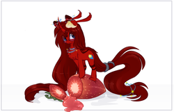 Size: 2000x1284 | Tagged: safe, artist:php146, oc, oc only, oc:summer stars, pony, unicorn, chest fluff, curved horn, female, food, glasses, horn, mare, micro, solo, strawberry