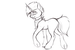 Size: 1280x853 | Tagged: source needed, safe, artist:apostolllll, oc, oc only, pony, unicorn, looking at you, monochrome, neckerchief, raised hoof, sketch, smiling, solo