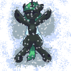 Size: 500x500 | Tagged: safe, artist:cornelia_nelson, oc, oc only, oc:04, changeling, changepony, hybrid, animated, changeling oc, cute, gif, green changeling, pixel art, smiling, snow, snow angel, snowfall