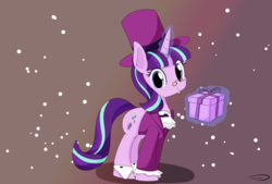 Size: 3496x2362 | Tagged: safe, artist:taurson, snowfall frost, starlight glimmer, pony, unicorn, a hearth's warming tail, g4, clothes, cute, female, glimmerbetes, glowing horn, hat, high res, horn, looking at you, magic, mare, present, shirt, simple background, smiling, snow, solo, telekinesis, top hat