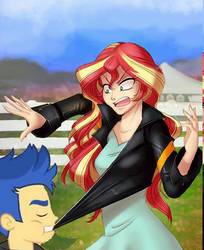 Size: 701x860 | Tagged: safe, artist:limreiart, edit, editor:blastulian, flash sentry, fanfic:long road to friendship, equestria girls, g4, chewing, clothes, duo, eating, fanfic, fanfic art, female, fence, grass, human coloration, jacket, male, open mouth, pulling, shirt