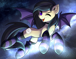 Size: 2500x1951 | Tagged: safe, artist:imbrina, oc, oc only, oc:darkius wolficus, bat pony, pony, bat pony oc, chest fluff, clothes, collar, cute, ear fluff, ear piercing, female, flying, freckles, mare, one eye closed, piercing, poker face, socks, solo, space, spread wings, striped socks, wings, wink