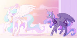 Size: 1280x634 | Tagged: safe, artist:lionsca, princess celestia, princess luna, alicorn, pony, g4, crepuscular rays, cute, dawn, duo, ethereal mane, female, flowing mane, jewelry, mare, regalia, sisters