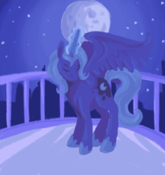 Size: 1155x1224 | Tagged: safe, artist:lionsca, princess luna, pony, dusk, female, magic, missing accessory, moon, raising the moon, s1 luna, solo, stars, younger