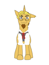 Size: 900x1200 | Tagged: safe, artist:kallisti, oc, oc only, oc:golden flask, pony, unicorn, 2019 community collab, derpibooru community collaboration, ascot, beard, clothes, ear piercing, earring, facial hair, glasses, jewelry, male, piercing, ponytail, simple background, solo, transparent background, vest