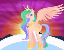 Size: 789x609 | Tagged: safe, artist:lionsca, princess celestia, alicorn, pony, g4, balcony, female, jewelry, regalia, solo, spread wings, sunset