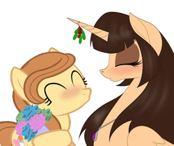 Size: 960x806 | Tagged: safe, artist:miniferu, oc, oc:cream heart, oc:spring beauty, alicorn, earth pony, pony, alicorn oc, collaboration, earth pony oc, female, horn, kissing, lesbian, mare, oc x oc, shipping, wings