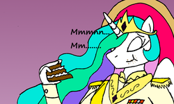 Size: 1280x768 | Tagged: safe, artist:americananomaly, princess celestia, anthro, g4, anthroquestria, cake, cakelestia, eating, eyes closed, female, food, solo