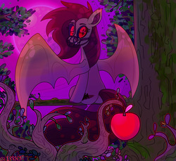 Size: 1280x1172 | Tagged: safe, artist:1racat, oc, oc only, oc:melody grin, bat pony, pony, apple, bat pony oc, female, food, looking at you, looking back, moon, muzzle, sitting, solo, spread wings, tree, wings