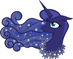 Size: 928x754 | Tagged: safe, artist:lionsca, princess luna, pony, g4, bust, ethereal mane, female, flower, galaxy mane, missing accessory, solo, sparkles