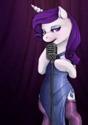 Size: 905x1280 | Tagged: safe, artist:ronniesponies, rarity, pony, unicorn, semi-anthro, g4, arm hooves, clothes, dress, female, garter belt, garters, lidded eyes, mare, microphone, solo, stockings, thigh highs