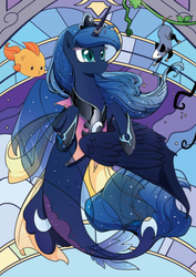 Size: 399x564 | Tagged: safe, artist:yukandasama, princess luna, tiberius, alicorn, bubble fish, fish, opossum, pony, seapony (g4), g4, spoiler:comic, blue eyes, clothes, colored pupils, crown, cute, dorsal fin, ethereal mane, ethereal tail, female, fin, fin wings, fins, fish tail, flowing mane, flowing tail, hoof shoes, horn, jewelry, mare, night, ocean, peytral, princess shoes, regalia, scales, seaponified, seapony luna, see-through, solo, solo focus, sparkles, species swap, spread wings, stained glass, starry mane, starry tail, stars, swimming, tail, underwater, water, wings