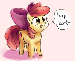 Size: 1280x1048 | Tagged: safe, artist:aemuhn, apple bloom, earth pony, pony, g4, bow, cutie mark, female, filly, hair bow, happy birthday, simple background, solo, speech bubble, the cmc's cutie marks