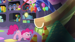 Size: 1280x720 | Tagged: safe, screencap, pinkie pie, earth pony, pony, g4, party pooped, balloon, determined, female, party cave, slide, solo, streamers