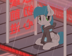 Size: 2758x2148 | Tagged: safe, artist:zylgchs, derpibooru exclusive, oc, oc only, oc:cynosura, pony, chinese, clothes, cyberpunk, high res, hoodie, prosthetic eye, prosthetics, rain, sitting, solo, text, vector