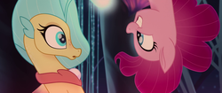 Size: 1920x804 | Tagged: safe, screencap, pinkie pie, princess skystar, earth pony, pony, seapony (g4), g4, my little pony: the movie, cropped, cute, diapinkes, dorsal fin, female, fin, fish tail, flowing mane, flowing tail, happy, looking at you, mare, ocean, one small thing, open mouth, open smile, scales, seaponified, seapony pinkie pie, seaquestria, smiling, smiling at you, species swap, swimming, tail, that pony sure does love being a seapony, underwater, upside down, water