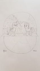 Size: 2268x4032 | Tagged: safe, artist:parclytaxel, boulder (g4), maud pie, oc, oc:parcly taxel, alicorn, earth pony, pony, ain't never had friends like us, albumin flask, parcly taxel in japan, g4, alicorn oc, female, japan, kiyotsu gorge, lineart, mare, monochrome, mountain, pencil drawing, reflection, story included, traditional art