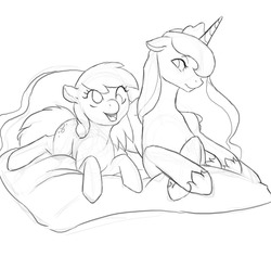 Size: 1280x1206 | Tagged: safe, artist:ronniesponies, derpy hooves, princess luna, alicorn, pegasus, pony, g4, black and white, duo, female, grayscale, lineart, lying down, mare, monochrome