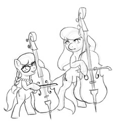 Size: 1280x1325 | Tagged: safe, artist:ronniesponies, octavia melody, silver spoon, earth pony, pony, g4, bipedal, black and white, bow (instrument), cello, duo, female, filly, grayscale, hoof hold, lineart, mare, monochrome, musical instrument, simple background, white background