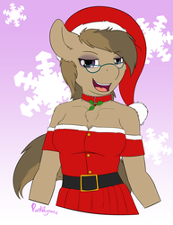 Size: 2550x3300 | Tagged: safe, artist:punk-pegasus, oc, oc only, oc:dawnsong, earth pony, anthro, anthro oc, bedroom eyes, belt, breasts, bust, chest fluff, christmas, cleavage, cleavage fluff, clothes, collar, dress, eyeshadow, female, glasses, hat, high res, holiday, holly, makeup, mare, mrs. claus costume, santa hat, snow, snowflake, solo