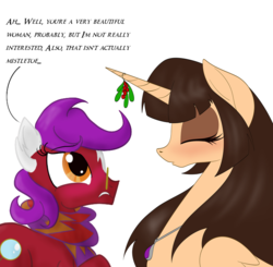 Size: 714x700 | Tagged: safe, artist:miniferu, artist:sixes&sevens, oc, oc:cross reference, oc:spring beauty, alicorn, earth pony, pony, alicorn oc, blushing, clothes, glasses, holly, holly mistaken for mistletoe, jewelry, necklace, nonbinary, scarf